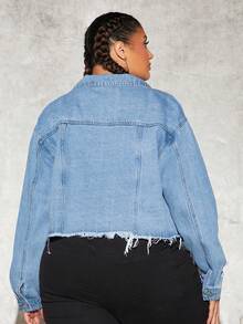 SHEIN CURVE+ Plus Ripped Raw Cut Drop Shoulder Denim Jacket - Blue - View 2