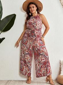 SHEIN VCAY Hơn In hoa Paisley Thắt lưng Áo liền quần Dây thắt cổ - Nhiều màu - Xem 5