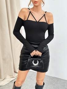 SHEIN Privé Ring Linked Cold Shoulder Ribbed Knit Tee - Black - View 4