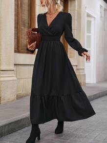 SHEIN Clasi Vestido de cuello cruzado de manga amplia bajo con fruncido - Negro - Ver 5