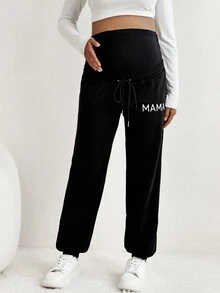 SHEIN Thai sản Thêu Chữ Dây rút Vòng eo có thể điều chỉnh Quần - màu đen - Xem 4