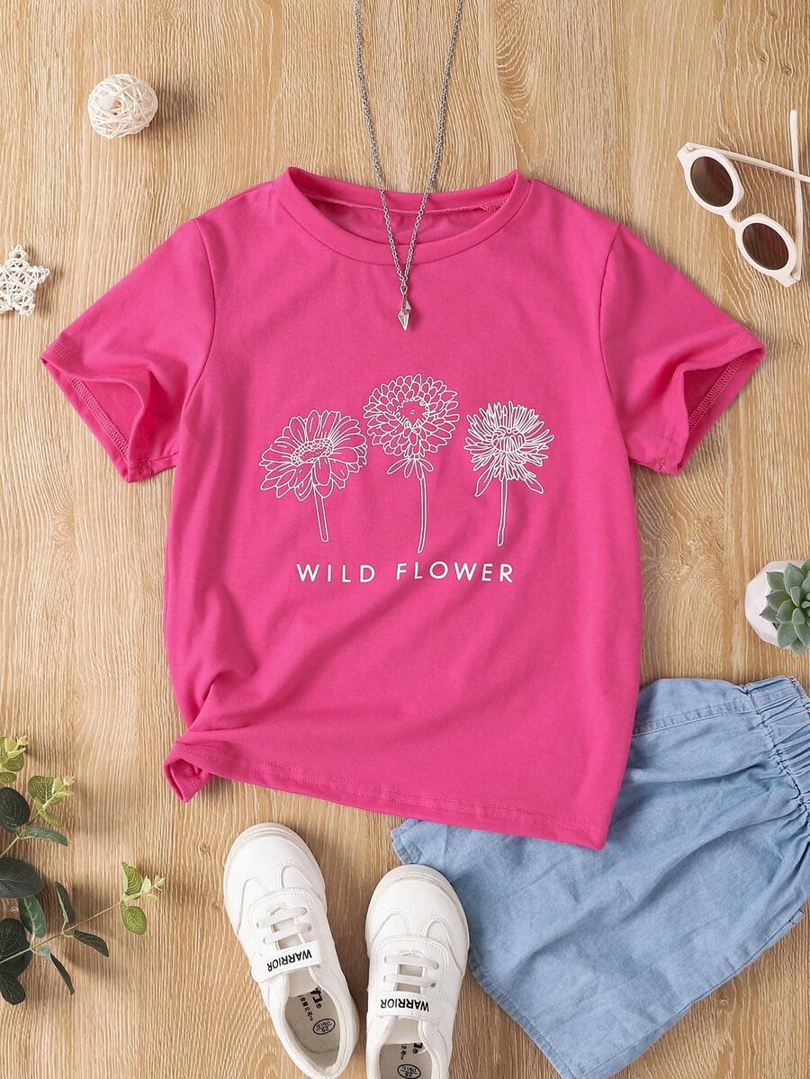SHEIN Cô gái Tween Đồ họa hoa & chữ Áo thun - Màu Hồng Tươi - Xem 1