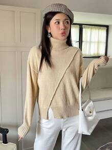Chiquease Turtleneck Drop Shoulder Split Hem Knit Pullover Fall Winter Sweater - Apricot - View 1