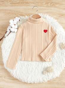 SHEIN Young Girl Heart Pattern Turtleneck Ribbed Knit Tee - Apricot - View 1