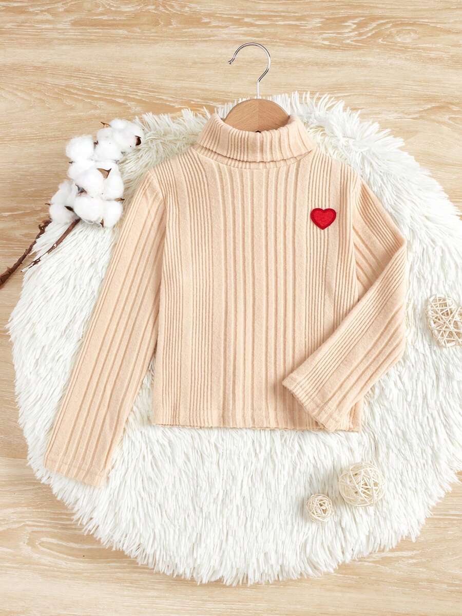 SHEIN Young Girl Heart Pattern Turtleneck Ribbed Knit Tee - Apricot - View 1