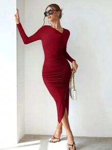 SHEIN Privé 素色褶邊高衩不對稱領洋裝 - 酒紅色 - 查看 5