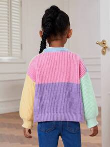 Chica Joven Cárdigan de plumero de color combinado de hombros caídos - Multicolor - Ver 2