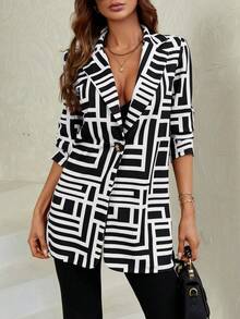 SHEIN Essnce 幾何印花開門襟西裝外套 - 黑與白 - 查看 6