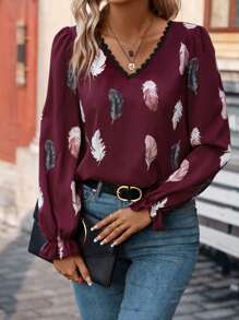 SHEIN Frenchy Feather Print Contrast Lace Flounce Sleeve Blouse - Red - View 5