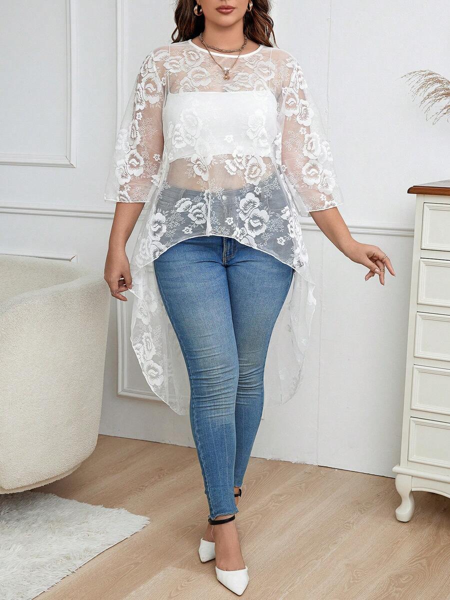 SHEIN CURVE+ Hơn Hem cao thấp Lưới Áo Không có áo Top Cami - trắng - Xem 1