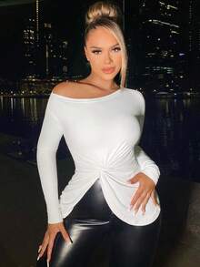 SHEIN SXY Cổ không đối xứng Mặt trước xoắn Áo thun - trắng - Xem 4