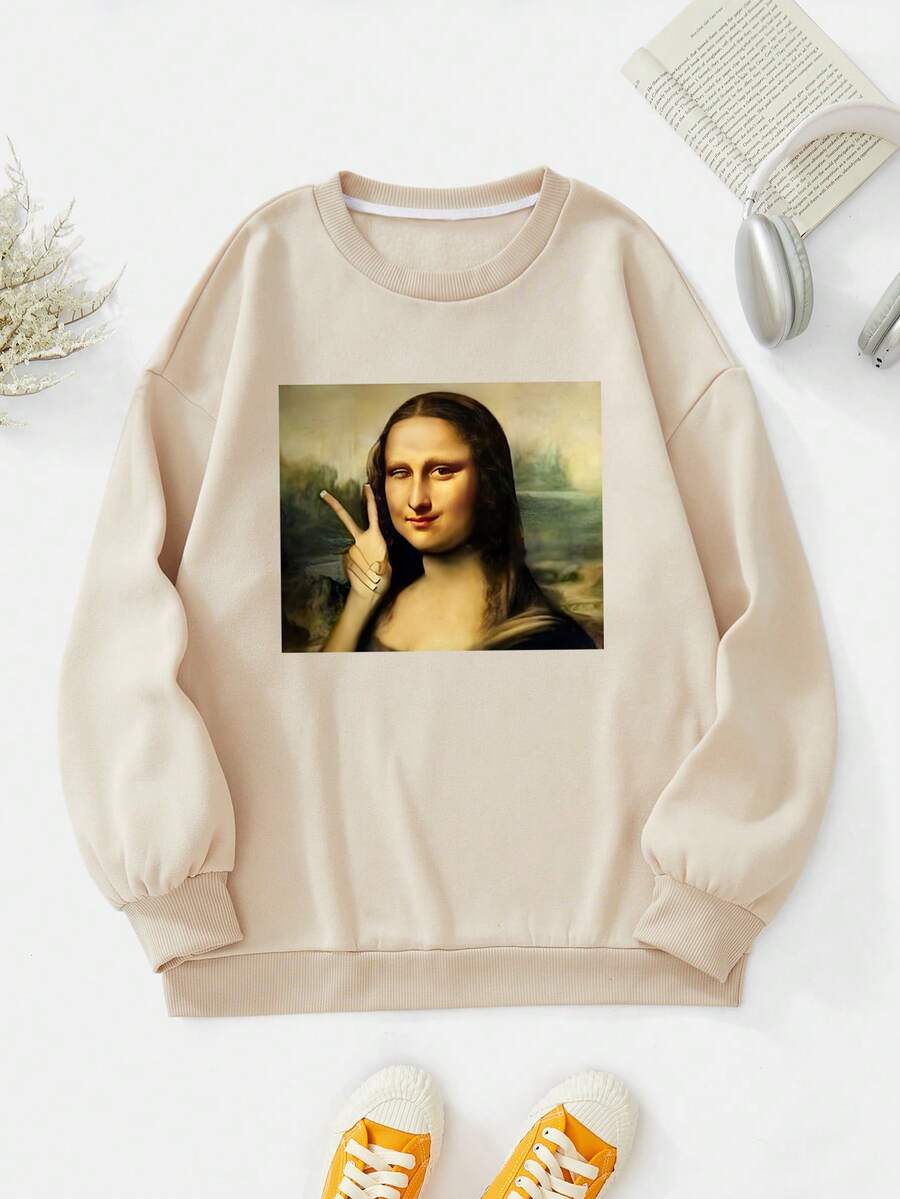 SHEIN EZwear Women's Fun Printed Fleece Sweatshirt - Apricot - View 1