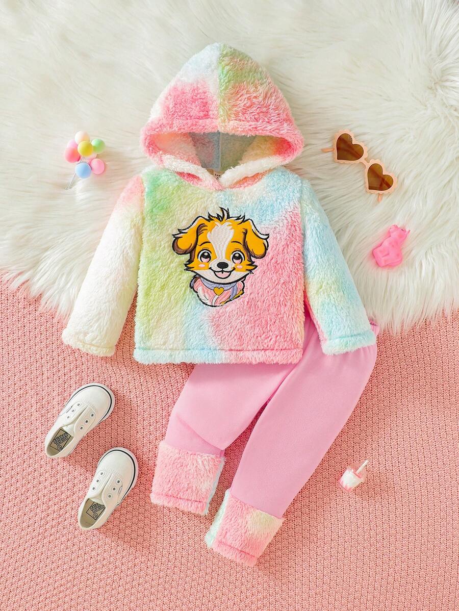 女嬰紮染卡通刺繡毛絨帽衫和褲子 - 彩色 - 查看 1
