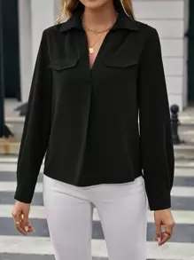 SHEIN Clasi 素色翻蓋細節襯衫 - 黑色 - 查看 5