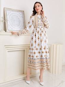Al Najma Allover Print Belted Shirt Dress - Multicolor - View 1