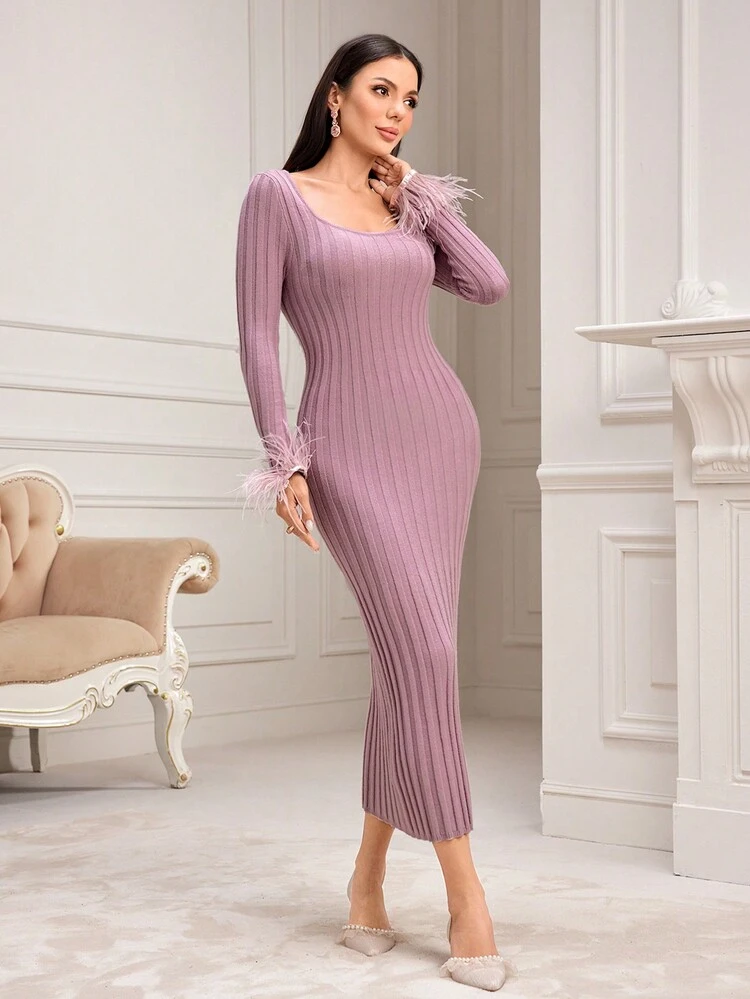 Women's Solid Color Square Neck Long Sleeve Furry Cuff Fitted Elegant Sweater Dress