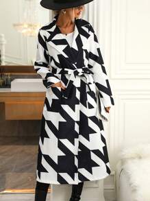 SHEIN LUNE Houndstooth Print Dual Pocket Belted Overcoat - Black and White - View 1