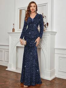 Váy sequin viền đuôi cá thanh lịch dài tay trang trọng cho tiệc tối dự tiệc cưới, tốt nghiệp, tiệc tối - Màu xanh lam - Xem 1