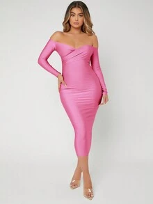 SHEIN SXY Solid Off Shoulder Bodycon Dress - Pink - View 3