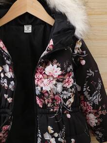 SHEIN Young Girl Floral Print Fuzzy Trim Hooded Padded Coat - Multicolor - View 8