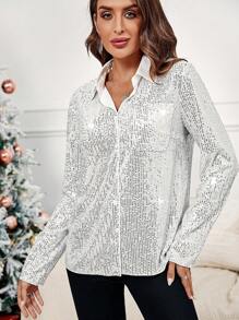 SHEIN Clasi Đồ trang trí tấm lóng lánh Nút phía trước Áo sơ mi - Bạc - Xem 6
