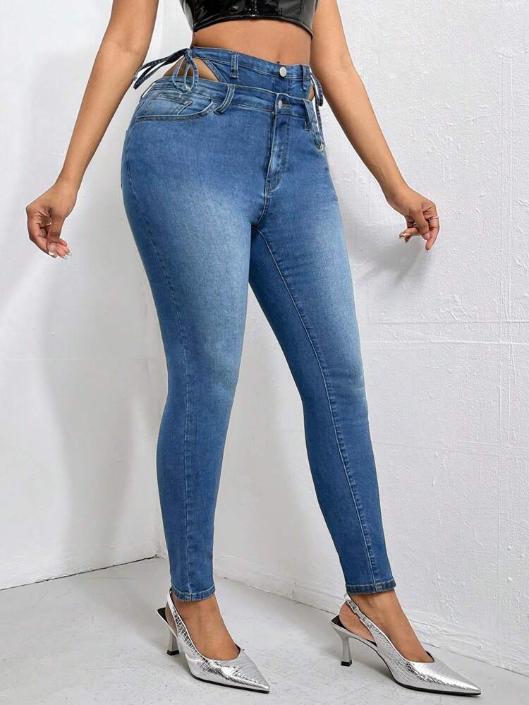 High Waist Knot Side Cut Out Skinny Jeans