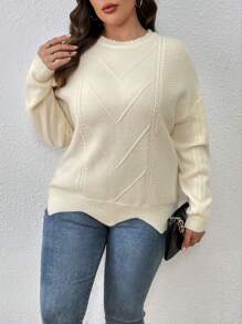 SHEIN LUNE 大碼麻花編織落肩袖套頭毛衣 - 米色 - 查看 3