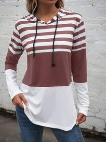 SHEIN LUNE In sọc Dây rút Hoodie - Bụi hồng - Xem 3