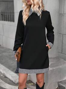 SHEIN LUNE 千鳥格印花拼接領直筒洋裝 - 黑色 - 查看 5