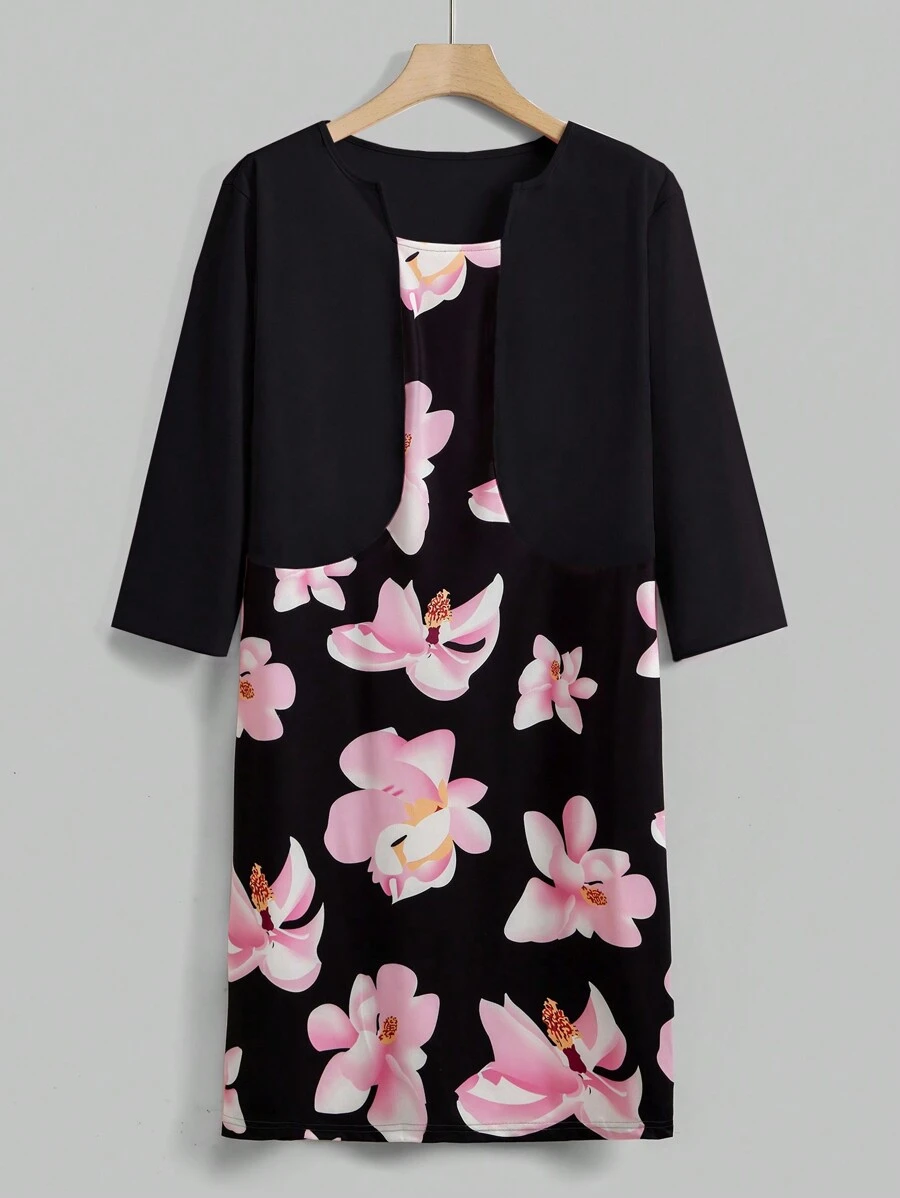 SHEIN Clasi 大碼印花假兩件洋裝 - 黑色 - 查看 1