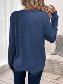 SHEIN LUNE 女士圆领彩色花卉印花休闲宽松舒适长袖 T 恤，夏季 - 藏蓝色 - 查看 2