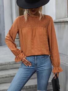 SHEIN Privé Frill Neck Flounce Sleeve Blouse - Brown - View 4