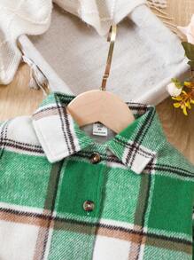 SHEIN Young Girl Plaid Print Drop Shoulder Jacket - Green - View 5