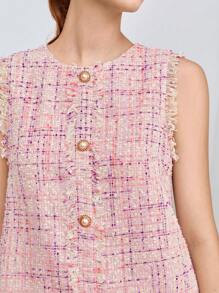 BizChic 格紋圖案毛邊緣前紐扣粗花呢洋裝不帶襯衫 - 藕粉色 - 查看 7