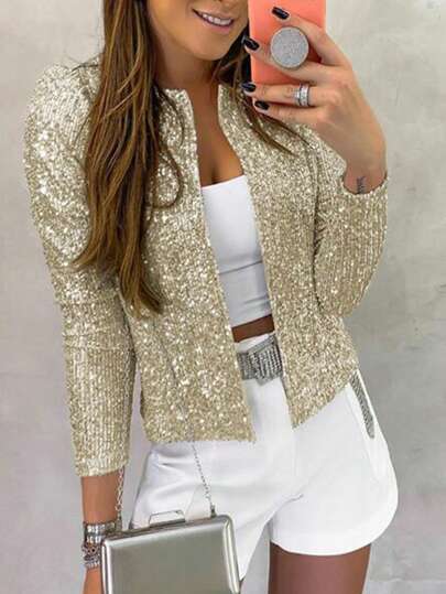 ChicMe Sparkly Sequin Puff Sleeve Open Front Blazer Coat Slim Fit Party Jacket