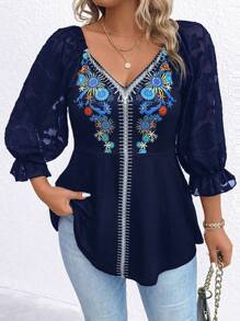 SHEIN LUNE 大碼印花喇叭袖T恤 - 藏蓝色 - 查看 2