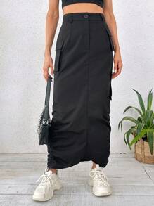 SHEIN Essnce Flap Pocket Ruched Side Cargo Skirt - Black - View 6