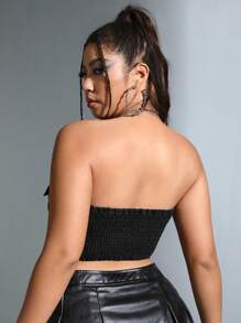 SHEIN ICON Plus Button Front Tube Denim Top - Black - View 2