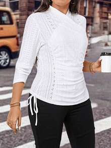 SHEIN Essnce 休閒抽繩 網眼刺繡純色大碼T恤 - 白色 - 查看 4