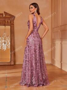 Faeriesty Elegant V-Neck Sleeveless A-Line Sequin-Decor Dress – Lightweight Flowy Formal Gown For Spring-Summer – Perfect For Wedding Guest, Gala, Evening Dinner, Red Carpet Events Party Dress