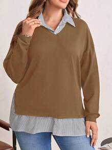 EMERY ROSE Plus Striped Drop Shoulder 2 In 1 Sweater - Camel - View 1