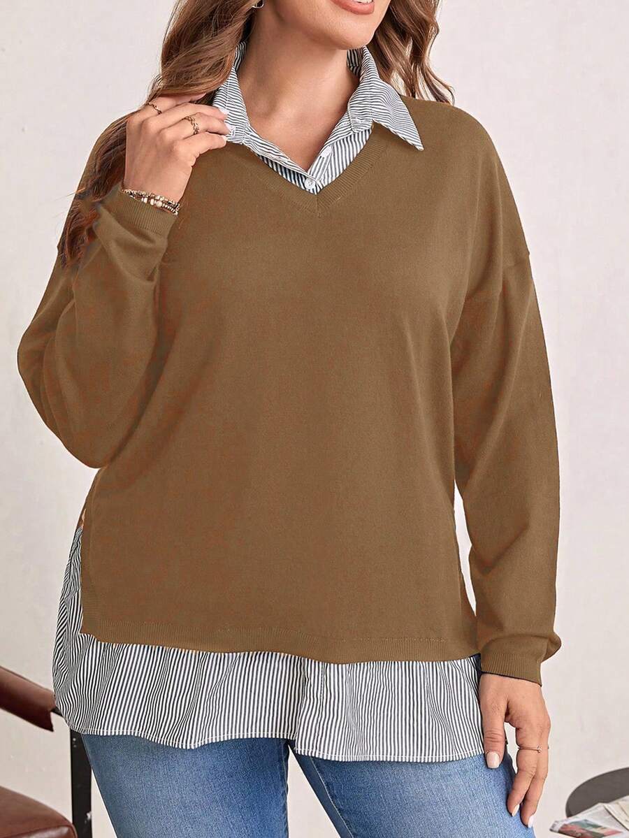 EMERY ROSE Plus Striped Drop Shoulder 2 In 1 Sweater - Camel - View 1