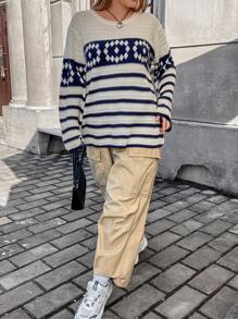 Flirla 加大码条纹几何图案落肩针织套头衫秋冬毛衣 - 杏色 - 查看 5