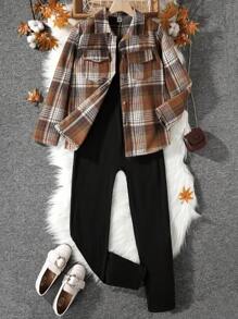 青少年女孩格紋印花翻蓋口袋襯衫&吊帶連體褲