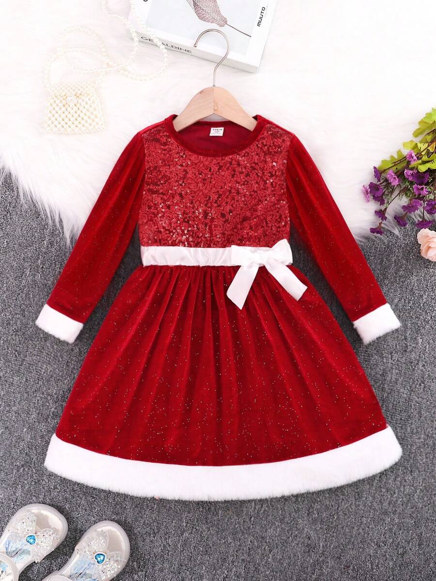 SHEIN Young Girl Contrast Trim Dress for Christmas