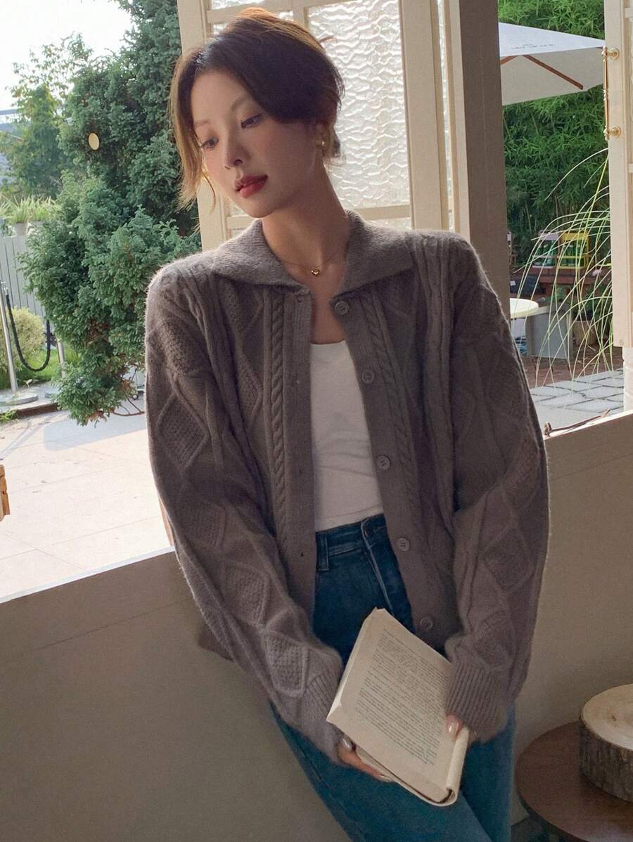 DAZY Cable Knit Drop Shoulder Cardigan - Brown - View 1