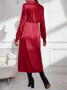 SHEIN Maternity Solid Knot Front Satin Shirt Dress - Burgundy - View 2