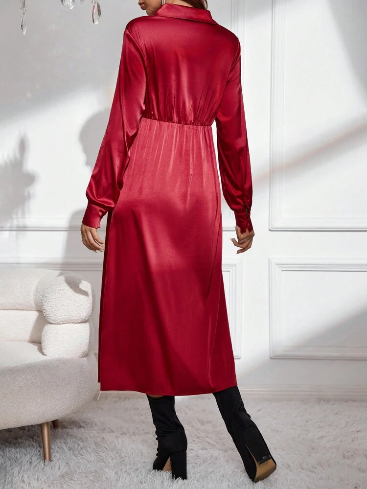 Maternity Solid Knot Front Satin Shirt Dress