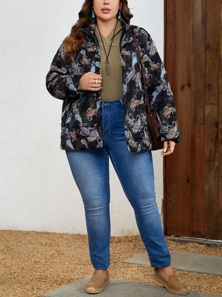 Plus Size Paisley Print Zip Up Padded Coat