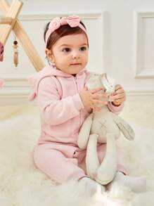 SHEIN Baby Girl 3D Ear Design Hooded Jacket & Pants - Pink - View 4